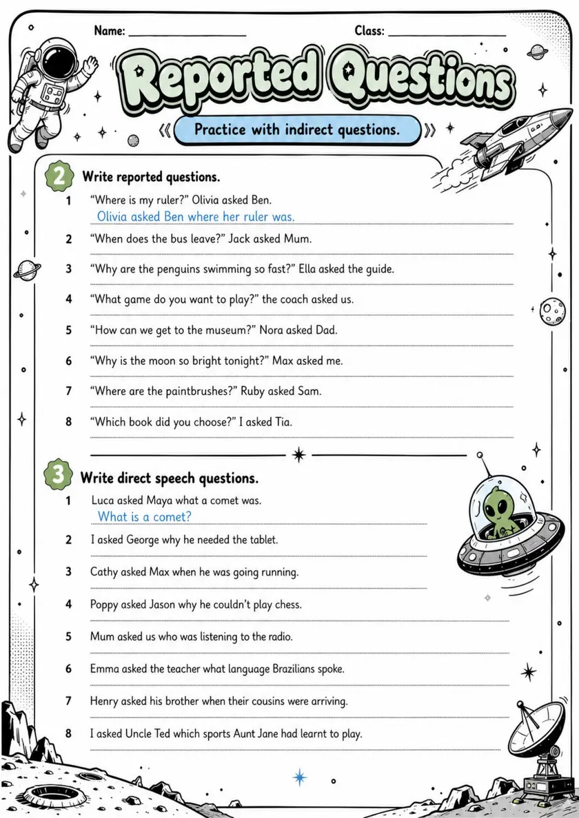 Reported Questions 2 | Grades 5-6 Grammar Worksheet grades 5 6 printable PDF preview