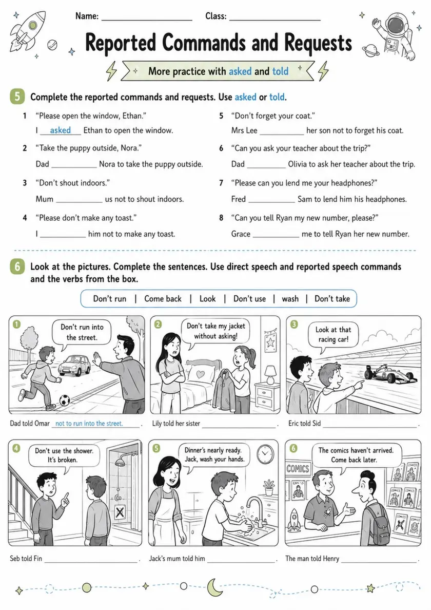 Reported Commands And Requests 2 | Grades 5-6 Grammar Worksheet grades 5 6 printable PDF preview