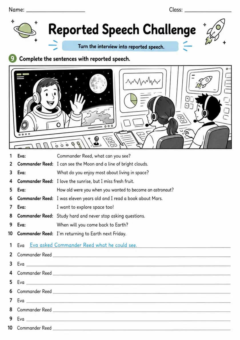 Reported Speech Challenge | Grades 5-6 Grammar Worksheet grades 5 6 printable PDF preview