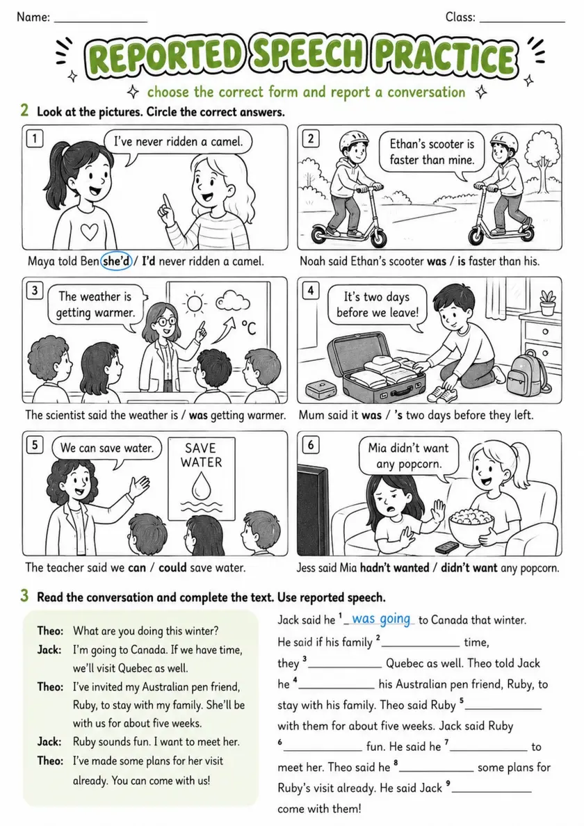 Reported Speech Practice | Grades 5-6 Grammar Worksheet grades 5 6 printable PDF preview