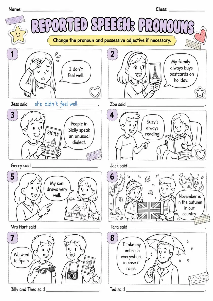 Reported Speech: Pronouns | Grades 5-6 Grammar Worksheet grades 5 6 printable PDF preview