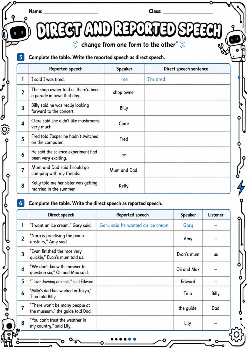 Direct And Reported Speech | Grades 5-6 Grammar Worksheet grades 5 6 printable PDF preview