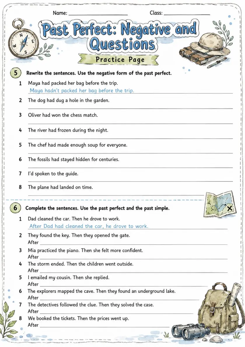 Past Perfect: Negative And Questions 2 | Grades 5-6 Grammar Worksheet grades 5 6 printable PDF preview