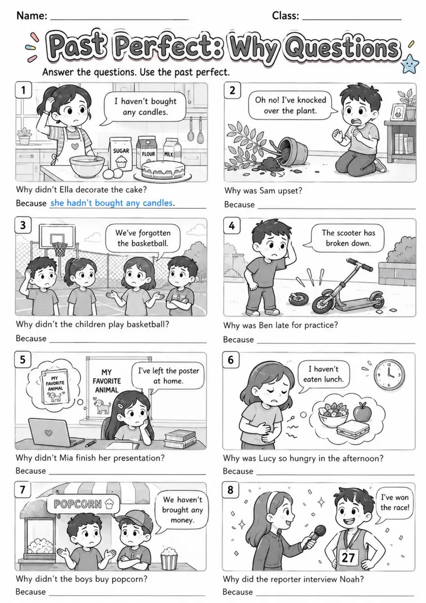 Past Perfect: Why Questions | Grades 5-6 Grammar Worksheet grades 5 6 printable PDF preview