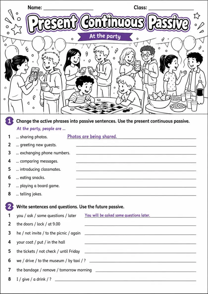 Present Continuous Passive | Grades 5-6 Grammar Worksheet grades 5 6 printable PDF preview