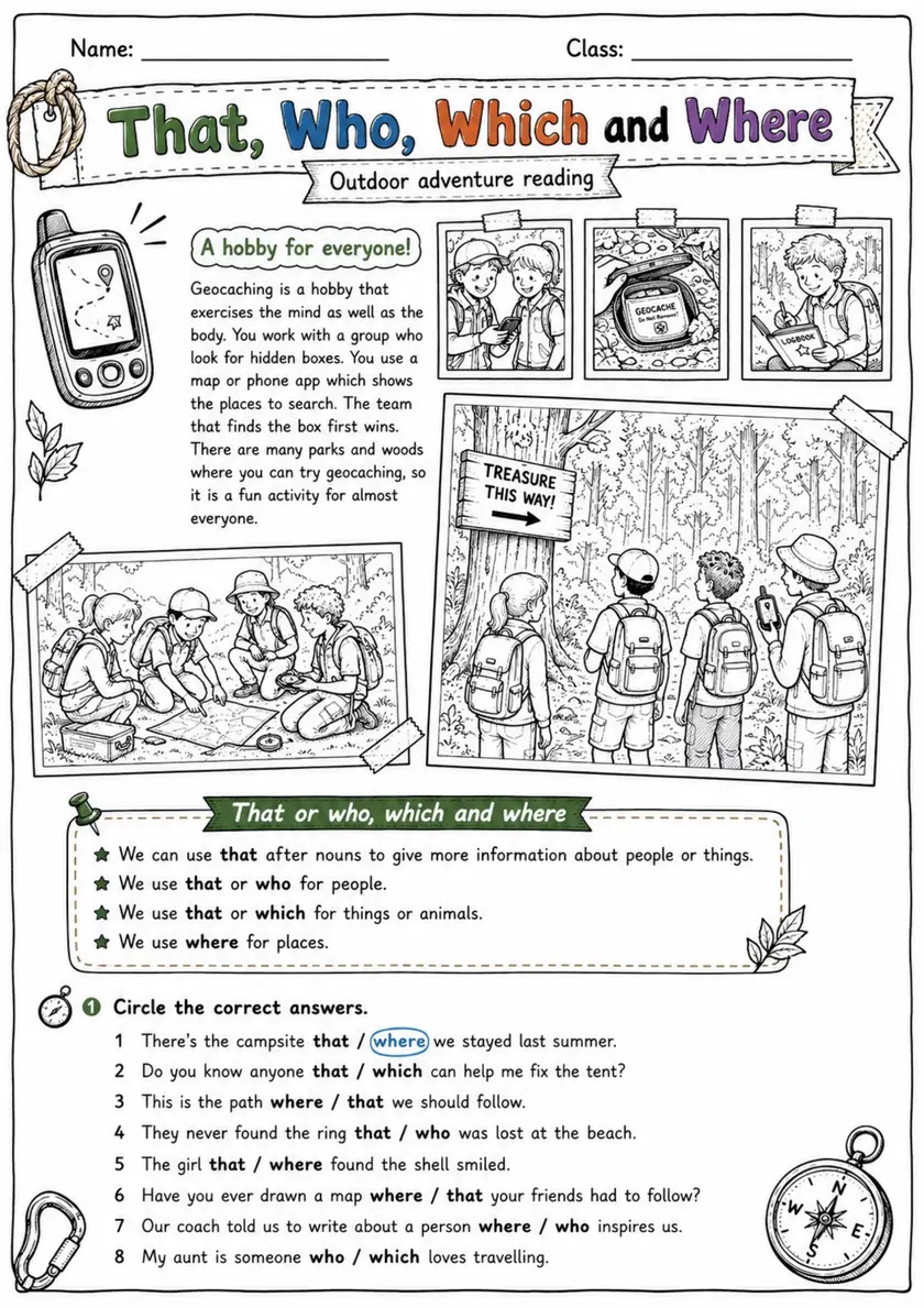 Relative Clauses: That, Who, Which And Where | Grades 5-6 Grammar Worksheet grades 5 6 printable PDF preview