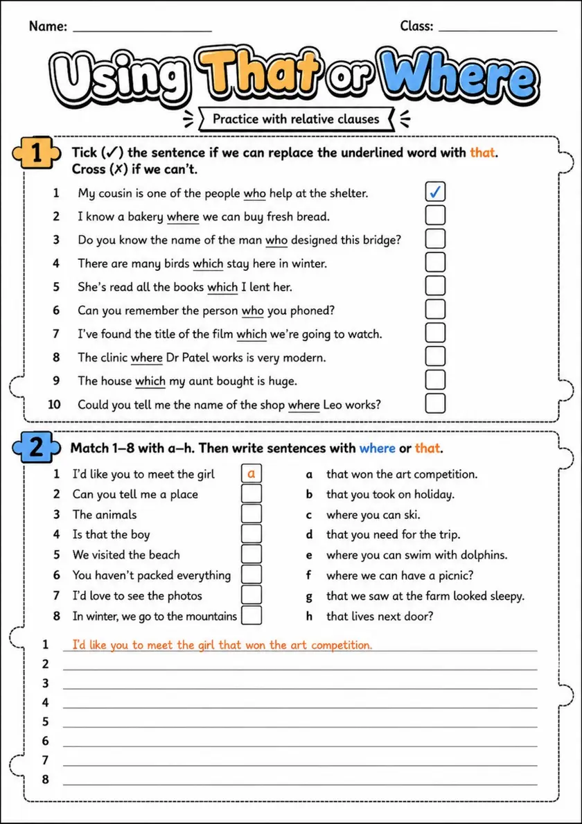 Relative Clauses: Using That Or Where | Grades 5-6 Grammar Worksheet grades 5 6 printable PDF preview