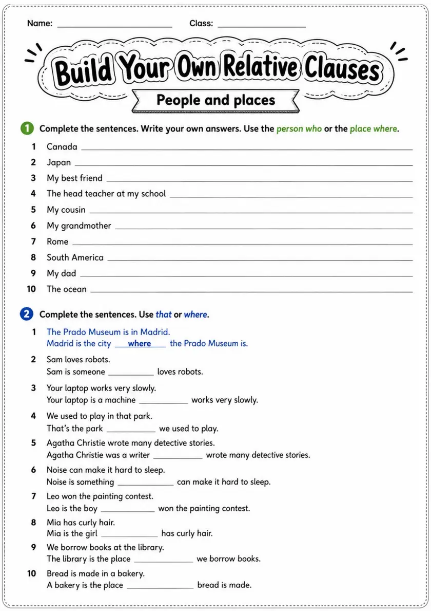 Build Your Own Relative Clauses | Grades 5-6 Grammar Worksheet grades 5 6 printable PDF preview