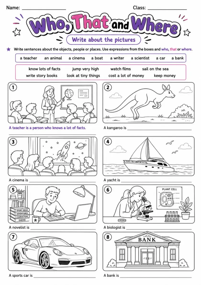 Relative Clauses: Who, That And Where | Grades 5-6 Grammar Worksheet grades 5 6 printable PDF preview