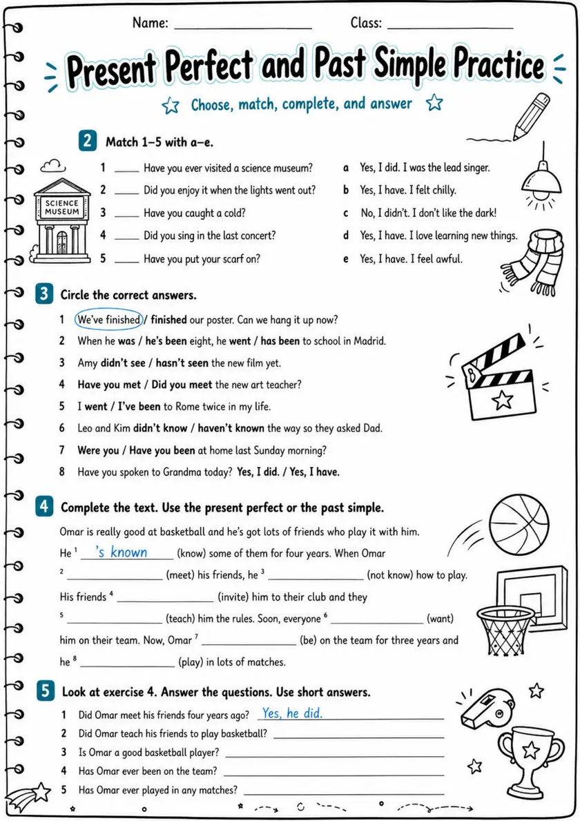 Present Perfect And Past Simple Practice | Grade 5 Grammar Worksheet grade 5 printable PDF preview