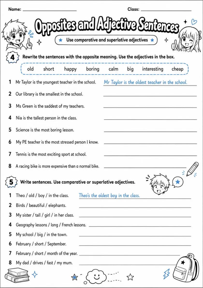 Opposites And Adjective Sentences | Grade 5 Grammar Worksheet grade 5 printable PDF preview