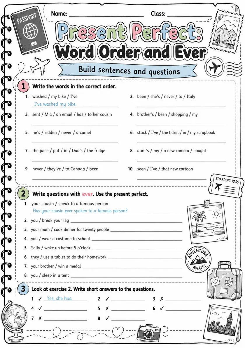 Present Perfect: Word Order And Ever | Grade 5 Grammar Worksheet grade 5 printable PDF preview