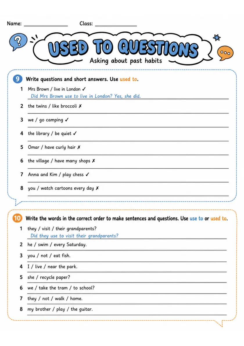 Used To Questions | Grade 5 Grammar Worksheet grade 5 printable PDF preview