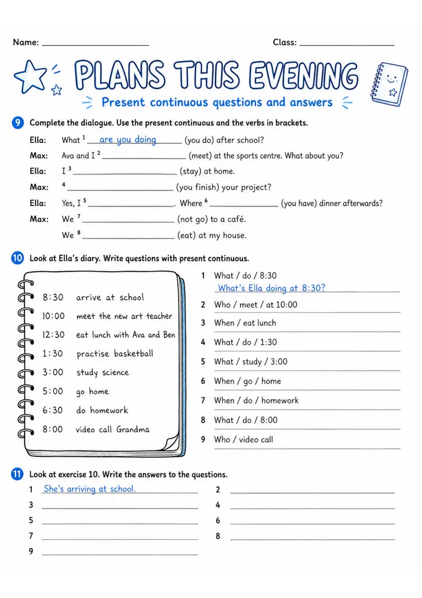Plans This Evening | Grade 5 Grammar Worksheet grade 5 printable PDF preview