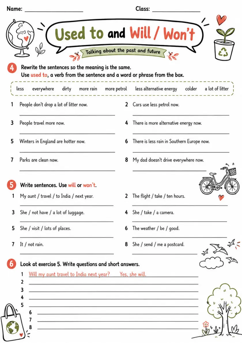 Used To And Will / Won'T | Grade 5 Grammar Worksheet grade 5 printable PDF preview