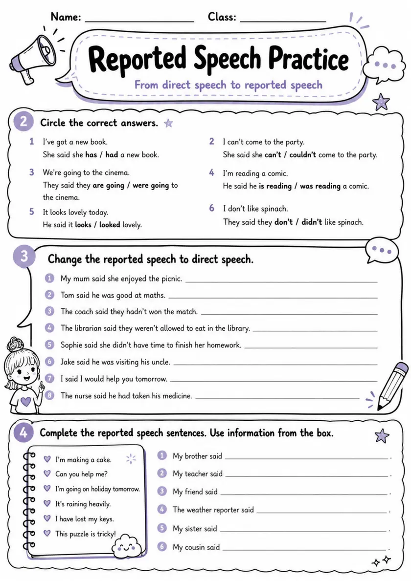 Reported Speech Practice | Grade 5 Grammar Worksheet grade 5 printable PDF preview