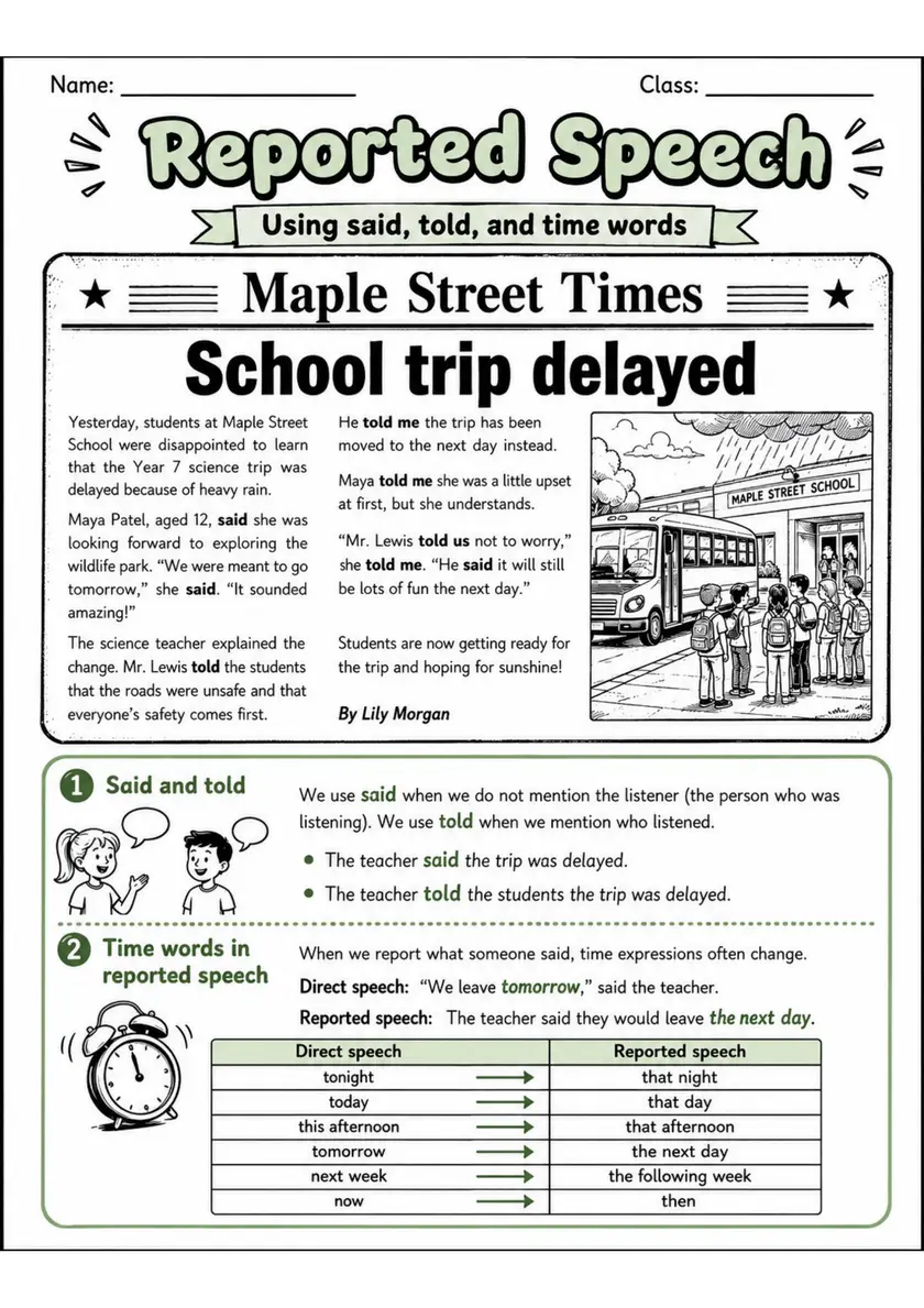 Reported Speech | Grade 5 Grammar Worksheet grade 5 printable PDF preview