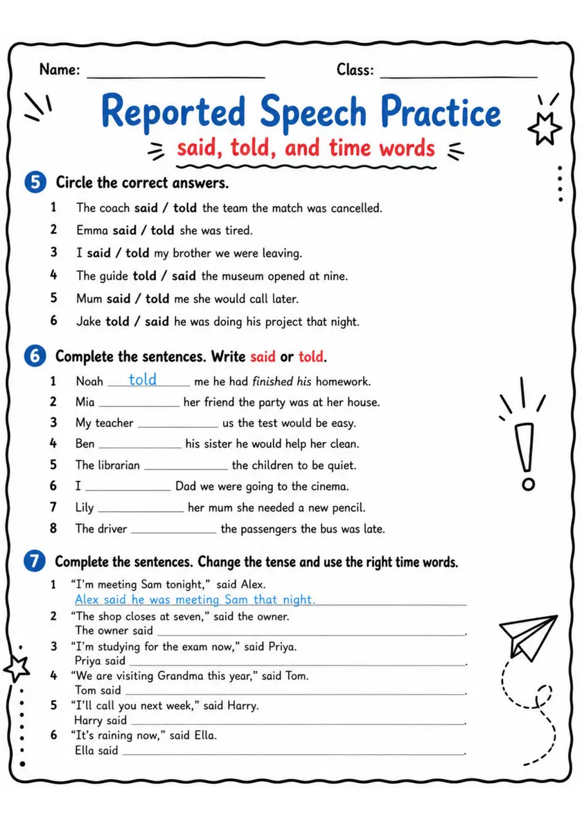 Reported Speech Practice 2 | Grade 5 Grammar Worksheet grade 5 printable PDF preview