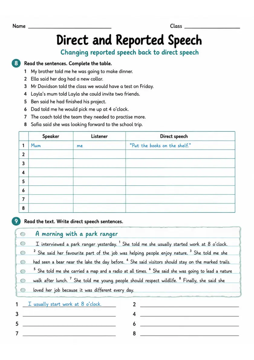 Direct And Reported Speech | Grade 5 Grammar Worksheet grade 5 printable PDF preview