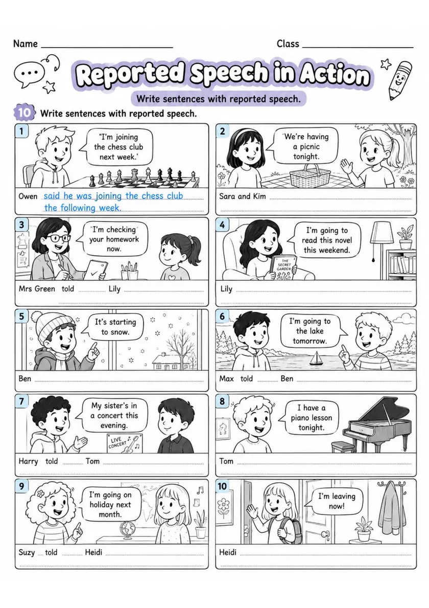 Reported Speech In Action | Grade 5 Grammar Worksheet grade 5 printable PDF preview