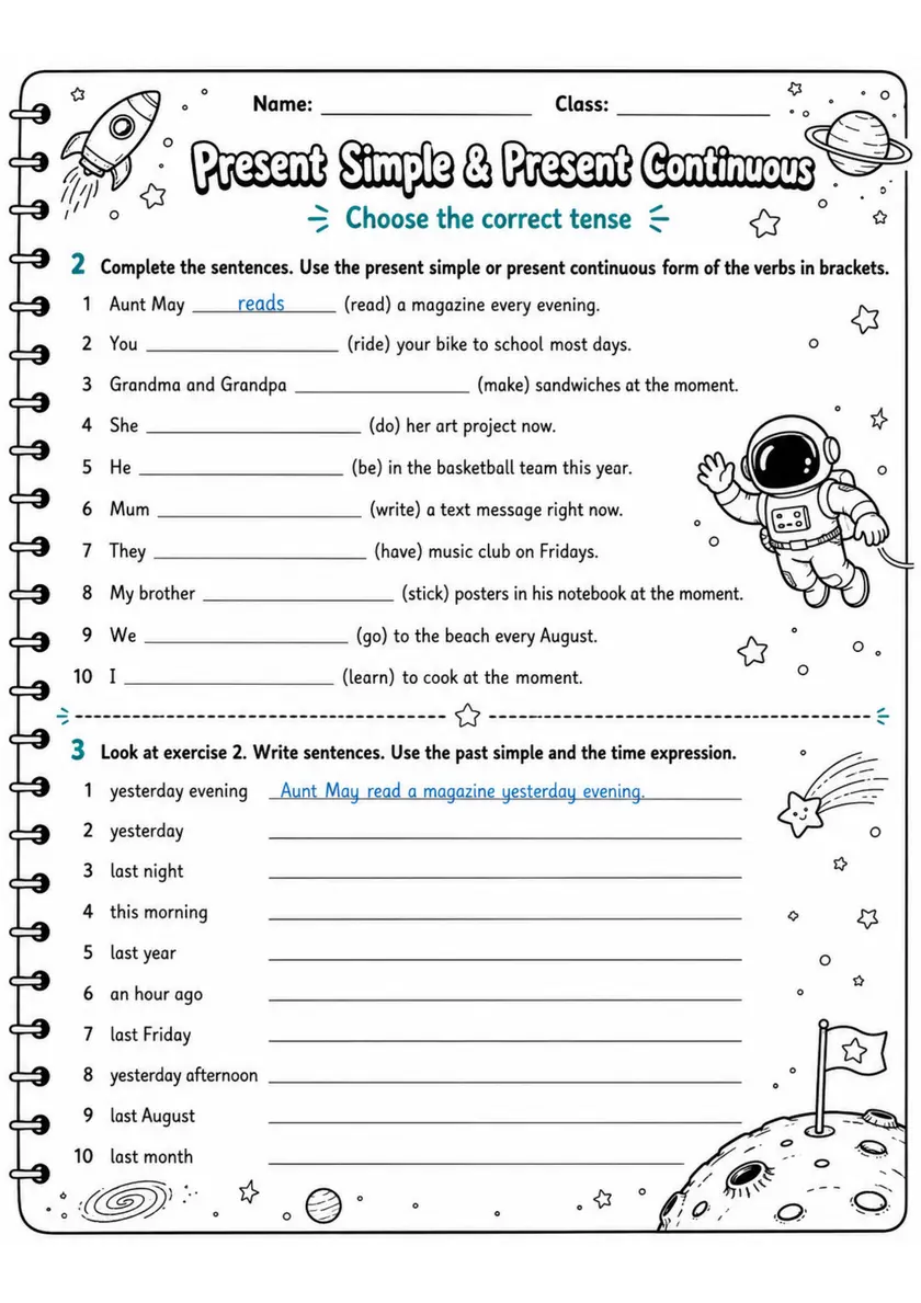 Present Simple & Present Continuous | Grade 5 Grammar Worksheet grade 5 printable PDF preview