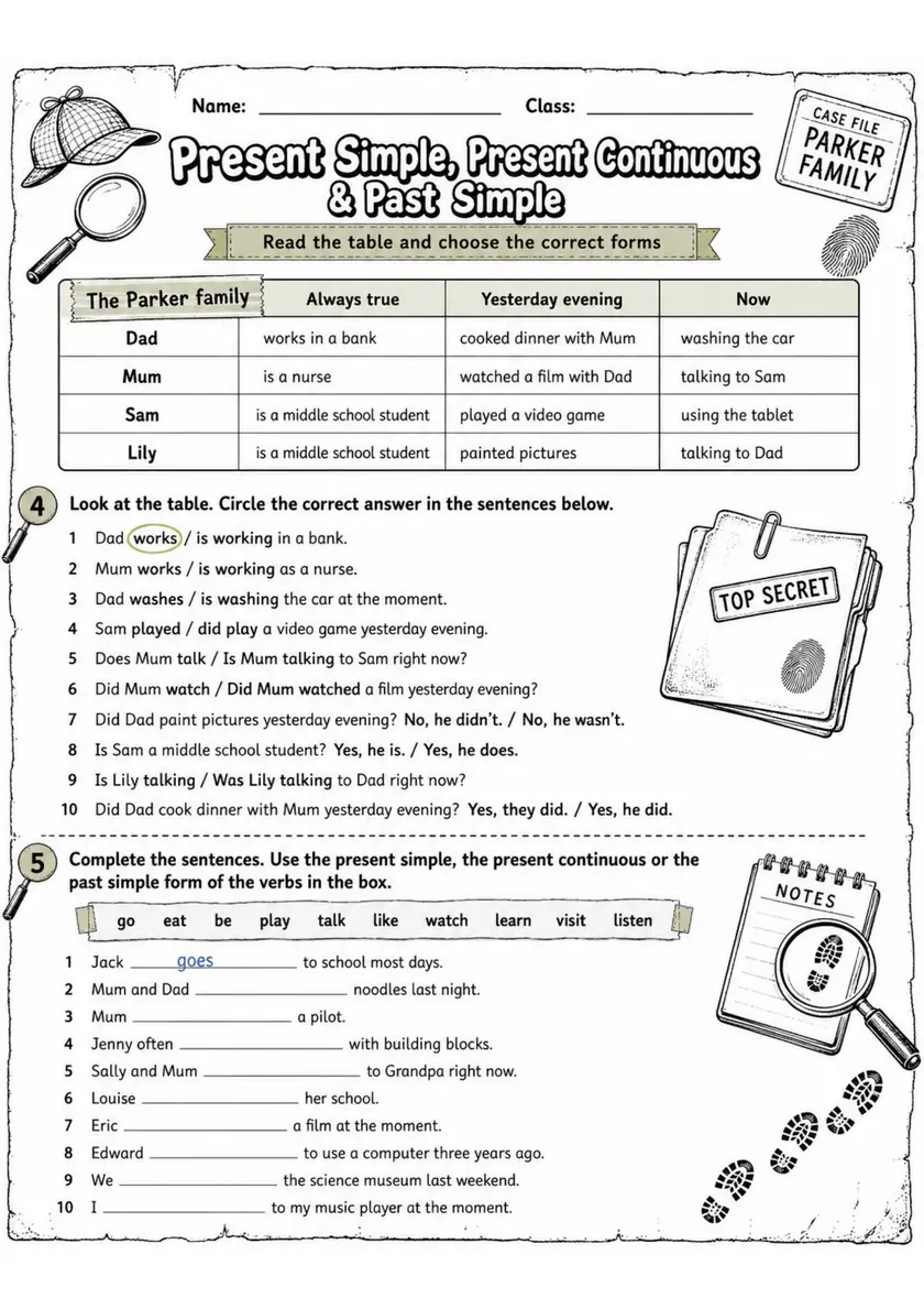 Present Simple, Present Continuous & Past Simple 2 | Grade 5 Grammar Worksheet grade 5 printable PDF preview