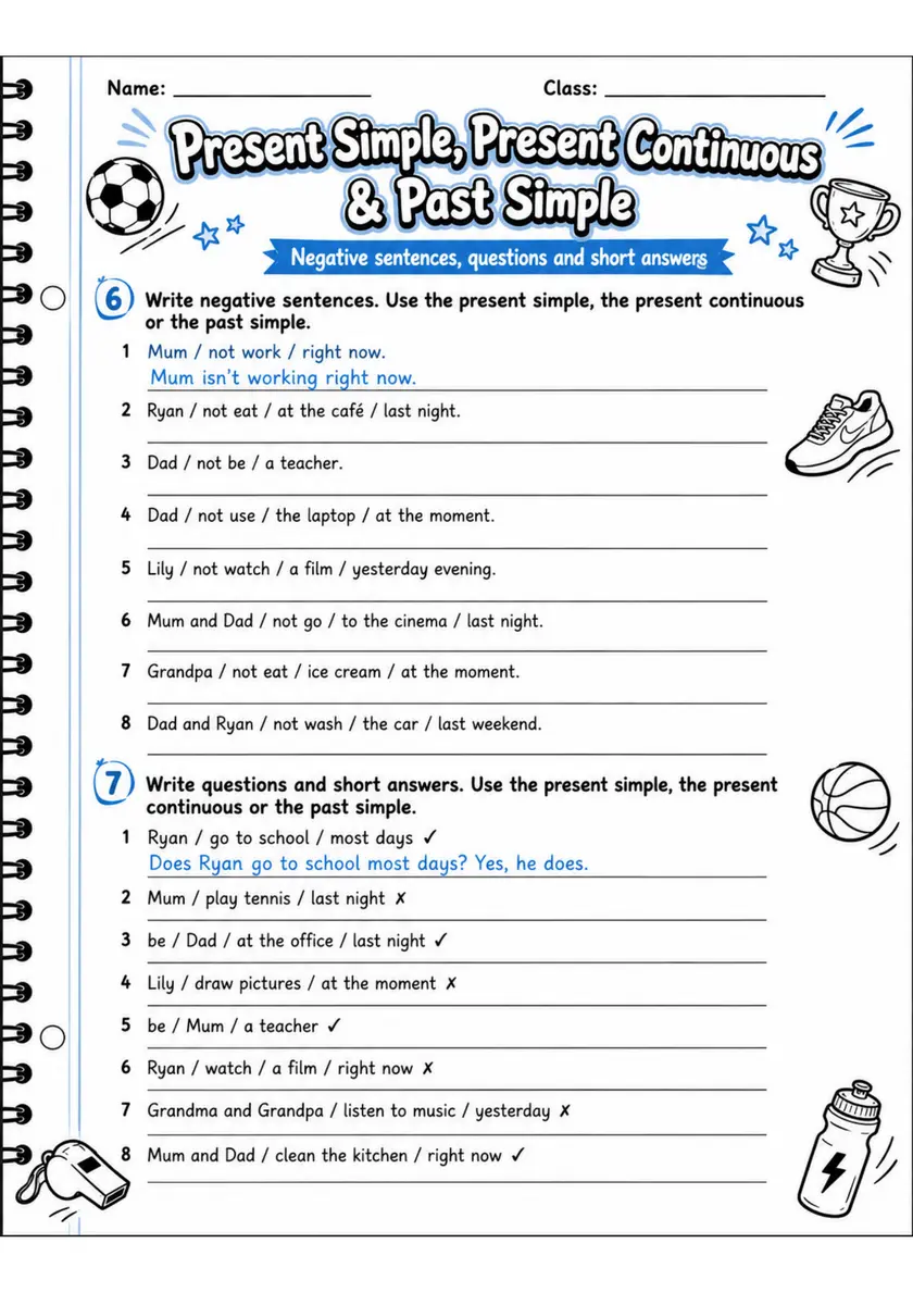 Present Simple, Present Continuous & Past Simple 3 | Grade 5 Grammar Worksheet grade 5 printable PDF preview