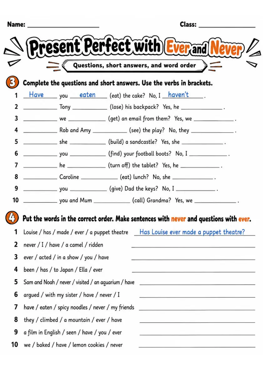 Present Perfect With Ever And Never 2 | Grade 5 Grammar Worksheet grade 5 printable PDF preview