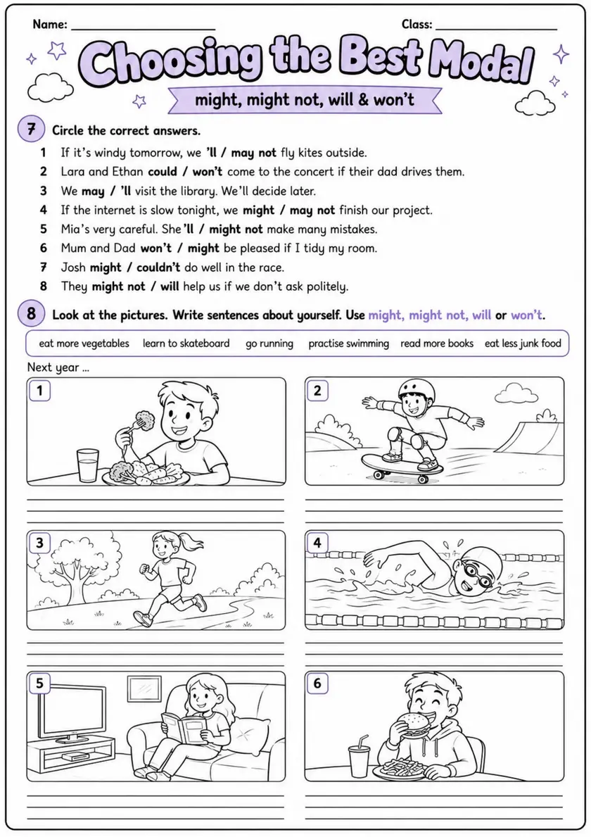 Choosing The Best Modal | Grade 5 Grammar Worksheet grade 5 printable PDF preview
