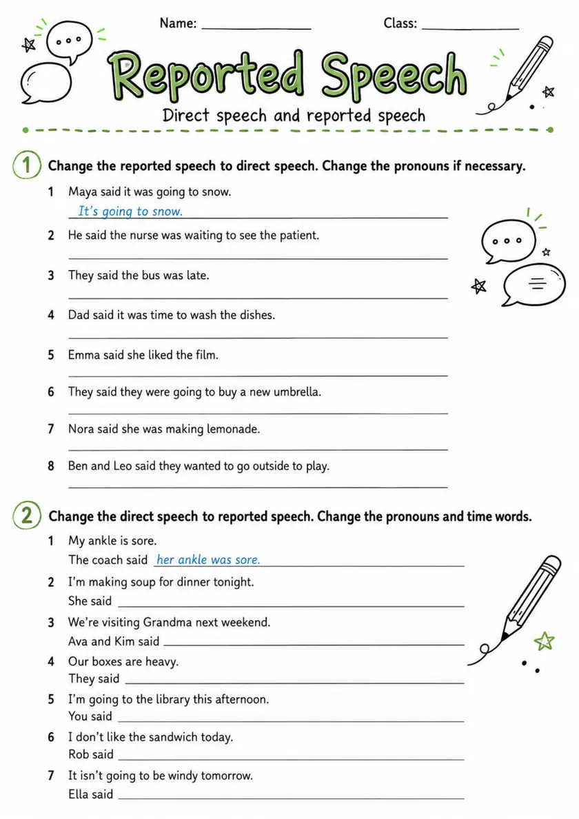 Reported Speech 2 | Grade 5 Grammar Worksheet grade 5 printable PDF preview