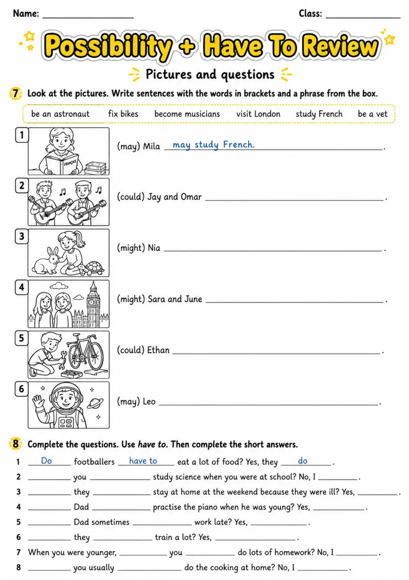 Possibility + Have To Review | Grade 5 Grammar Worksheet grade 5 printable PDF preview