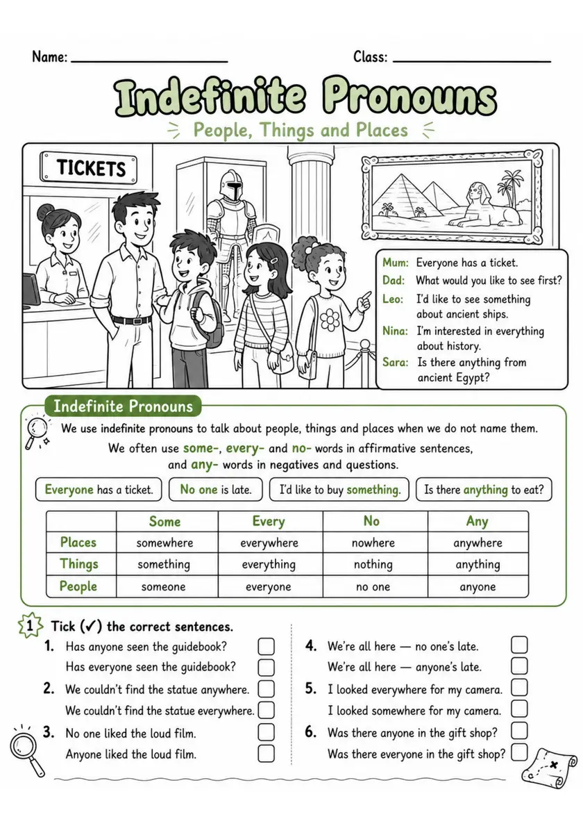 Indefinite Pronouns | Grade 5 Grammar Worksheet grade 5 printable PDF preview