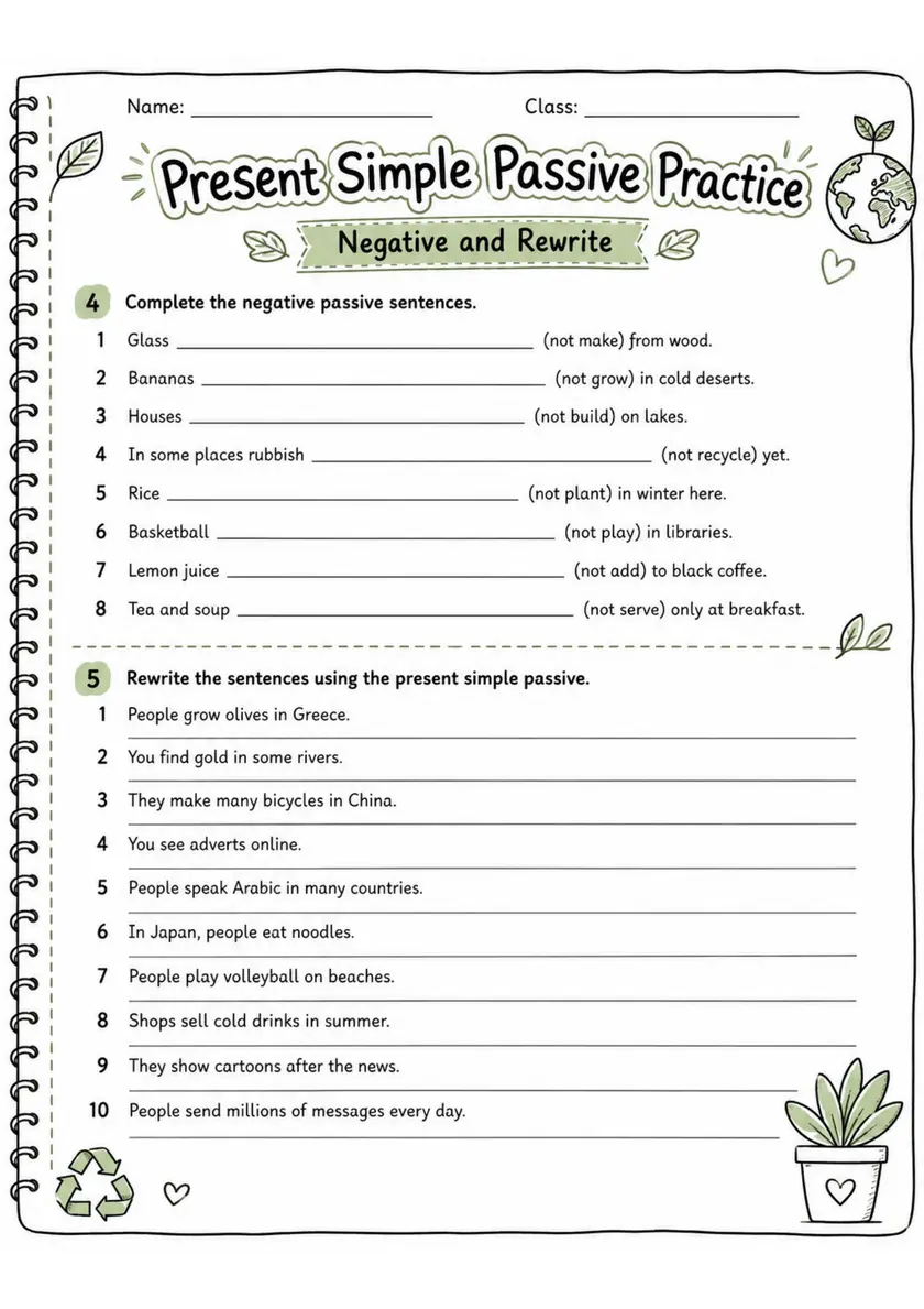 Present Simple Passive Practice | Grade 5 Grammar Worksheet grade 5 printable PDF preview