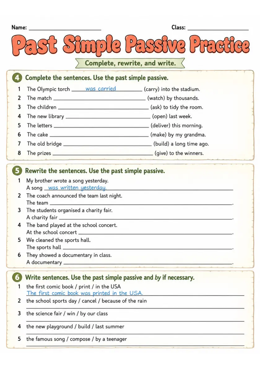 Past Simple Passive Practice | Grade 5 Grammar Worksheet grade 5 printable PDF preview