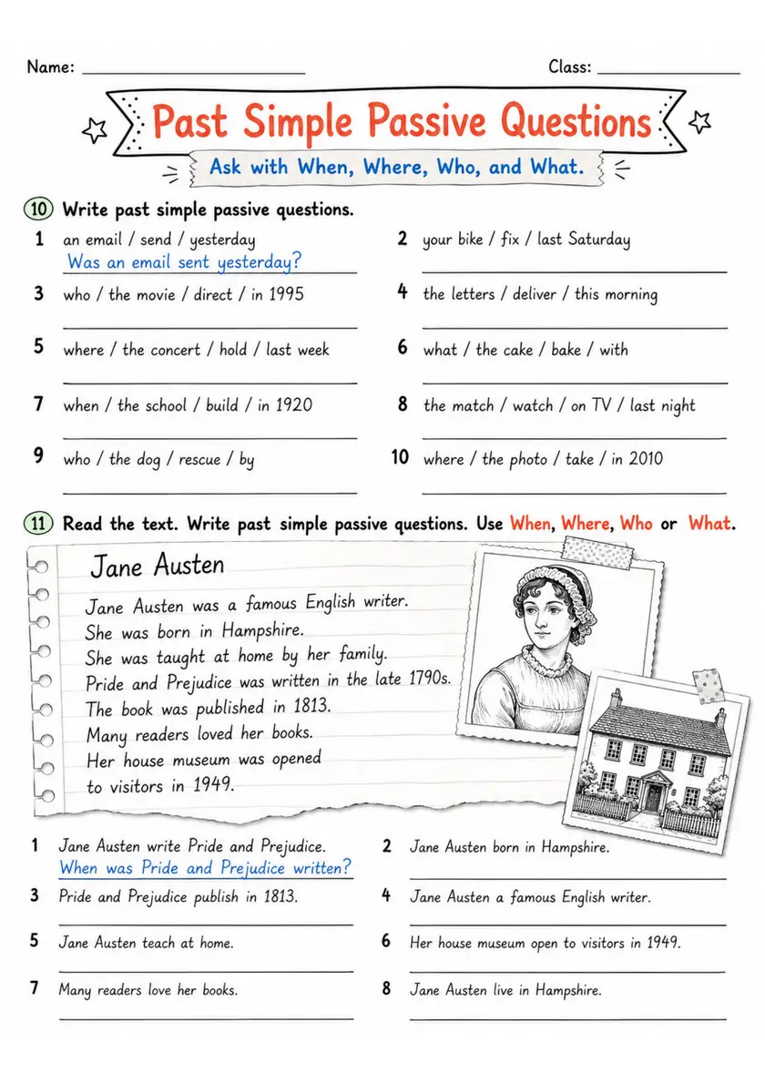 Past Simple Passive Questions | Grade 5 Grammar Worksheet grade 5 printable PDF preview