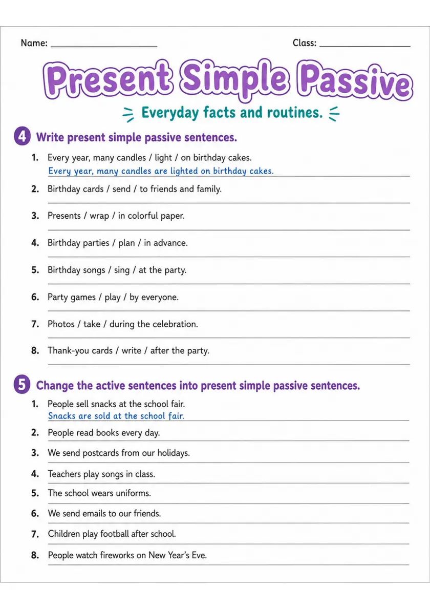 Present Simple Passive 2 | Grade 5 Grammar Worksheet grade 5 printable PDF preview