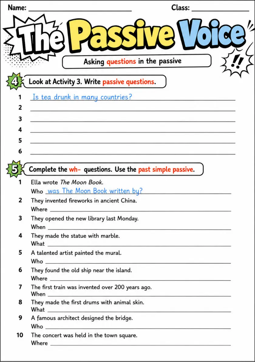 The Passive Voice 2 | Grade 5 Grammar Worksheet grade 5 printable PDF preview