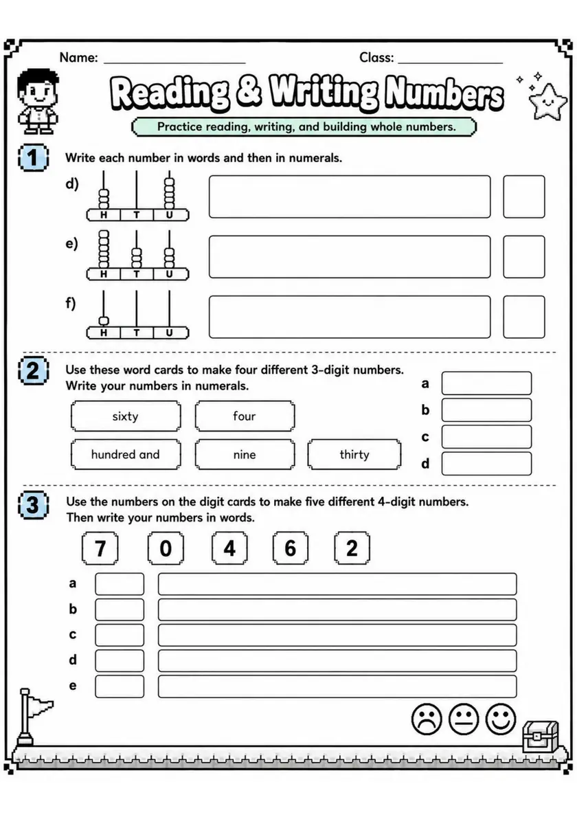 Reading & Writing Numbers - Grade 3 Math Worksheet - grade 3 Reading, explanation, and short-response questions grade 3 printable PDF preview