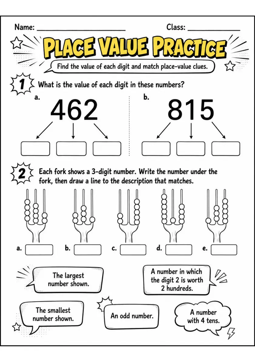 PLACE VALUE PRACTICE - Grade 3 Math Worksheet - grade 3 Labeling, matching, sorting, and classification grade 3 printable PDF preview