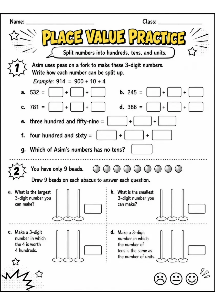 PLACE VALUE PRACTICE - Grade 3 Math Worksheet - grade 3 Diagrams, models, and drawing tasks grade 3 printable PDF preview