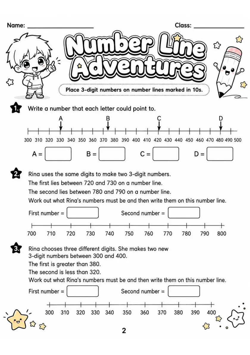 Number Line Adventures - Grade 3 Math Worksheet - grade 3 Reading, explanation, and short-response questions grade 3 printable PDF preview
