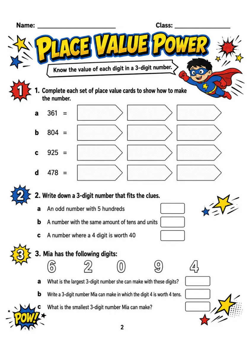 PLACE VALUE POWER - Grade 3 Math Worksheet - WKS-MAT-grade-3-XH-0020-EN grade 3 printable PDF preview
