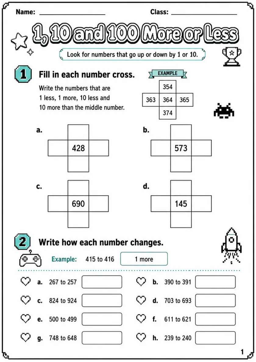 1, 10 and 100 More or Less - Grade 3 Math Worksheet grade 3 printable PDF preview