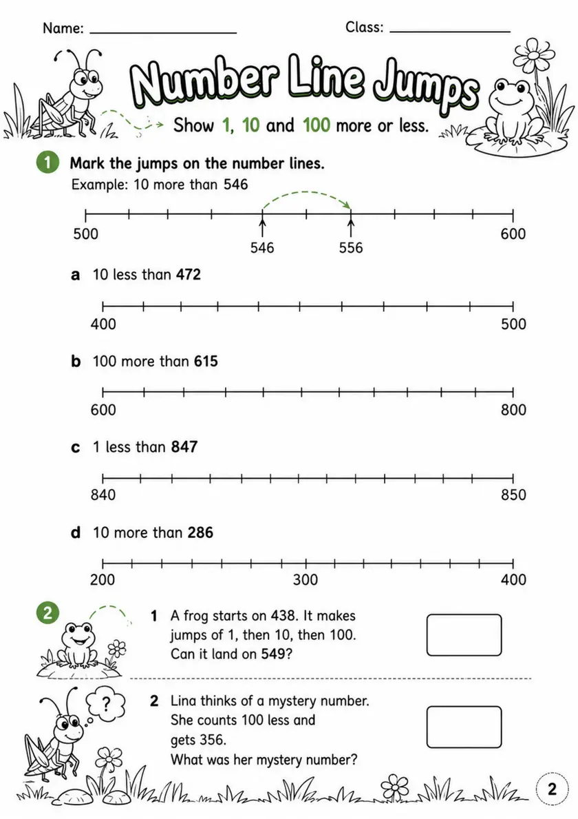 Number Line Jumps - Grade 3 Math Worksheet grade 3 printable PDF preview