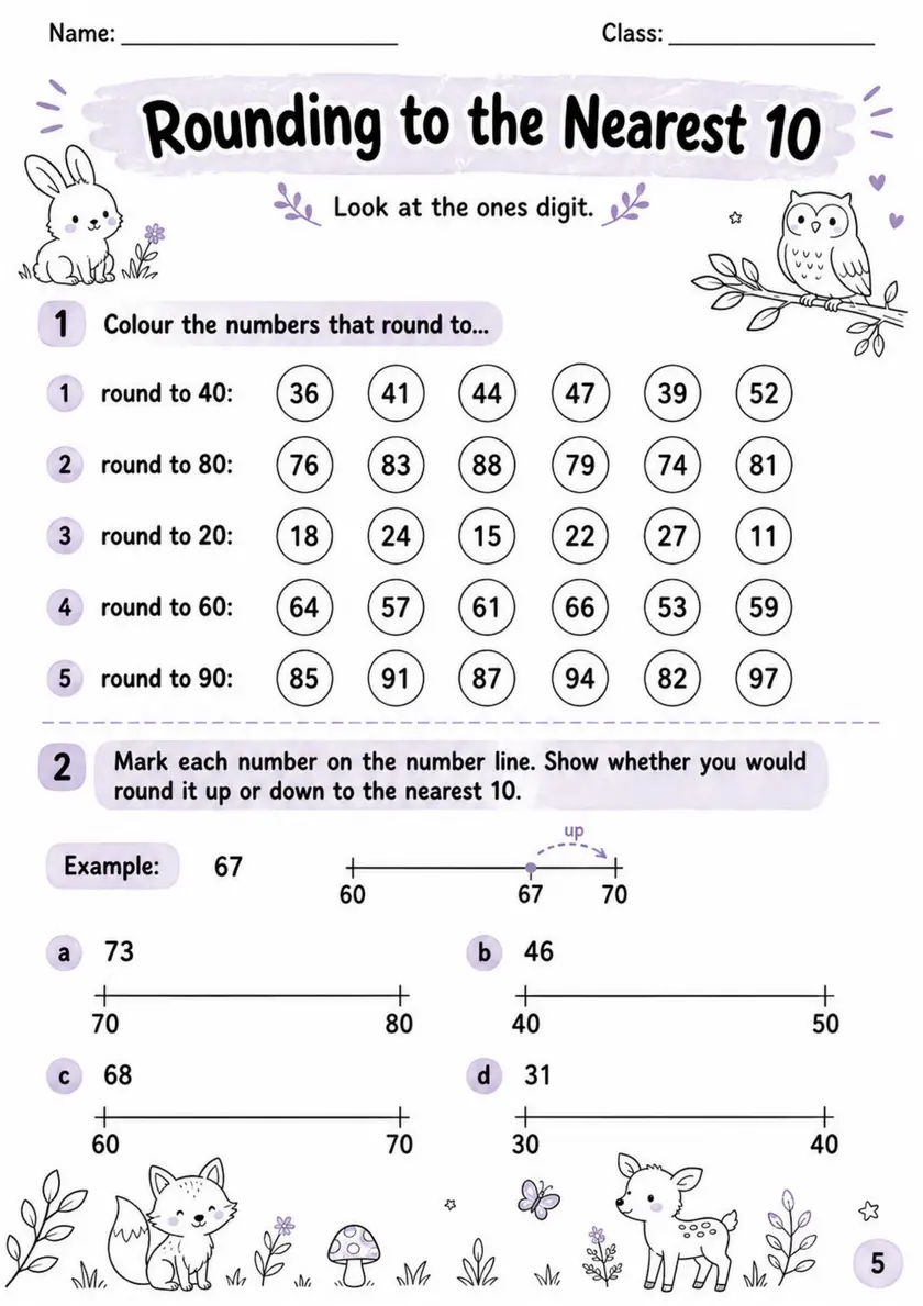 Rounding to the Nearest 10 - Grade 3 Math Worksheet grade 3 printable PDF preview