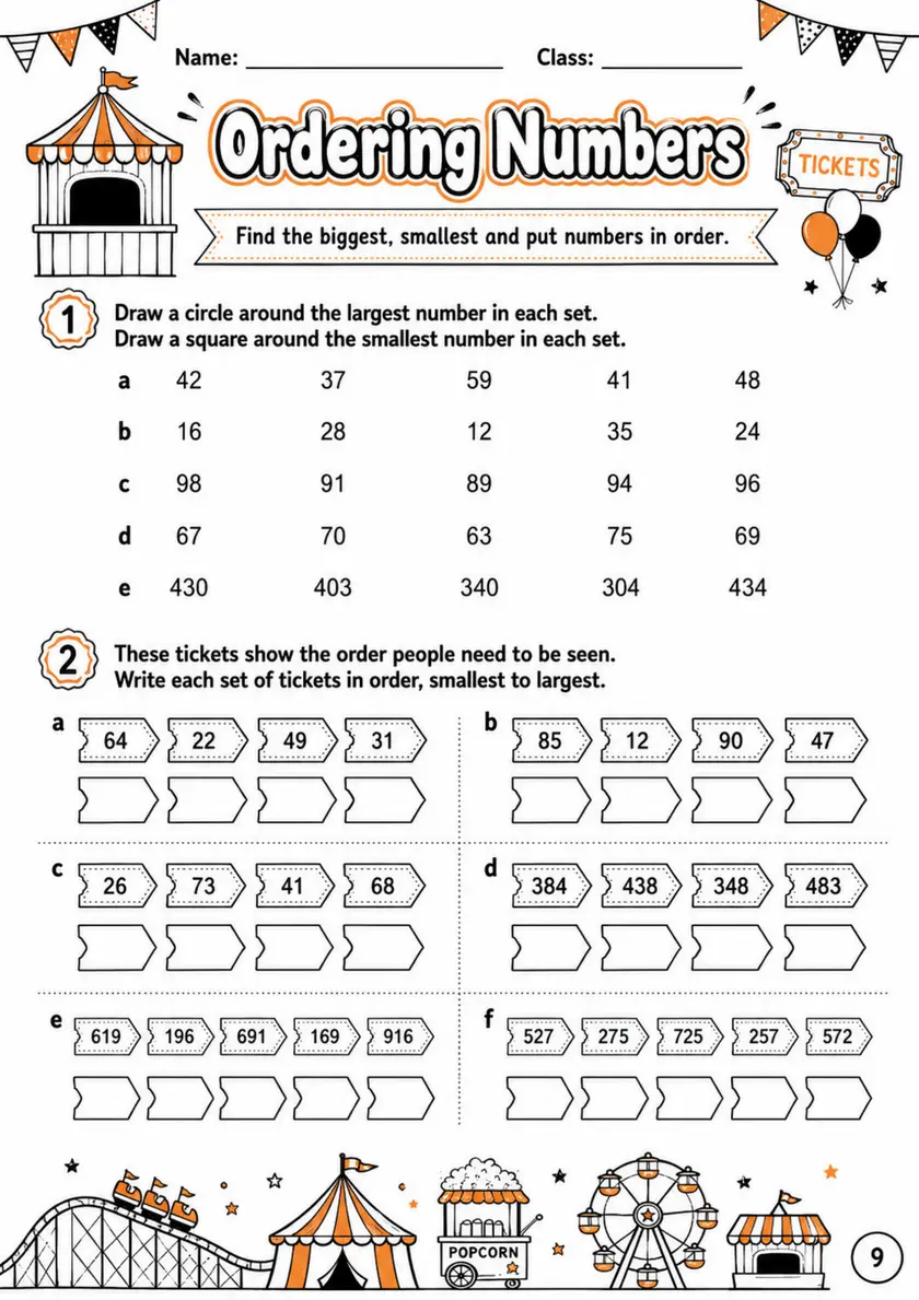 Ordering Numbers - Grade 3 Math Worksheet - grade 3 Diagrams, models, and drawing tasks grade 3 printable PDF preview