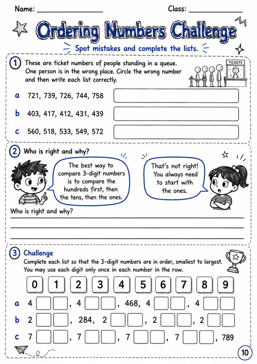 Ordering Numbers Challenge - Grade 3 Math Worksheet grade 3 printable PDF preview