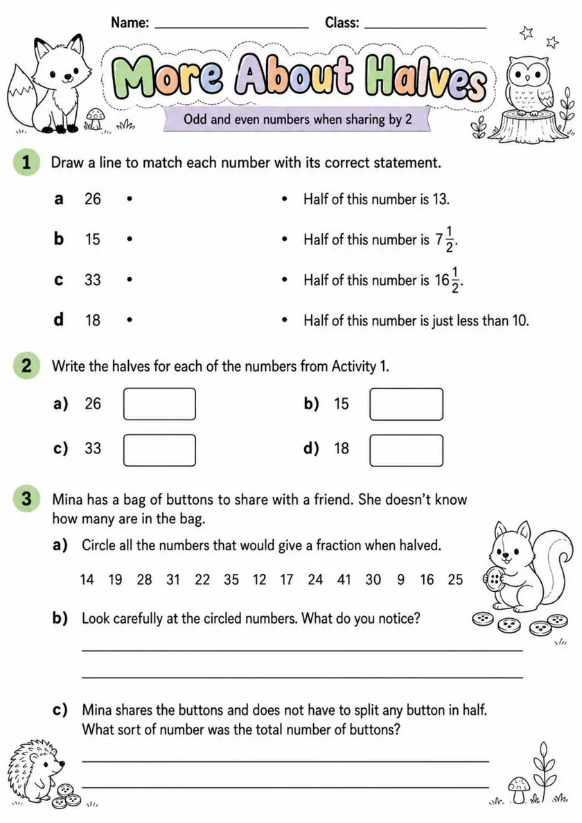 More About Halves - Grade 3 Math Worksheet grade 3 printable PDF preview