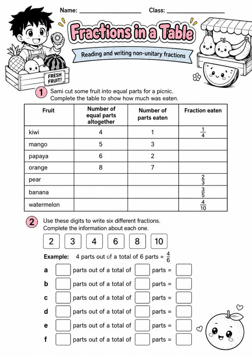 Fractions in a Table - Grade 3 Math Worksheet grade 3 printable PDF preview