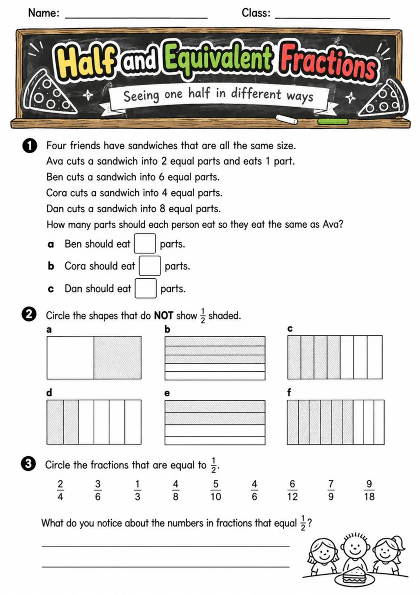 Half and Equivalent Fractions - Grade 3 Math Worksheet grade 3 printable PDF preview